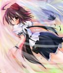  1girl black_skirt black_wings blush brown_hair female from_behind hat looking_at_viewer looking_back puffy_short_sleeves puffy_sleeves scarlet_(studioscr) shameimaru_aya short_hair short_sleeves skirt smile solo tengu tokin_hat touhou visible_air wings 