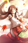  1girl brown_hair closed_eyes dancing fan folding_fan game_cg hakama highres japanese_clothes leaf long_hair masaharu miko red_hakama sakakibara_kukuri senomoto_hisashi solo tokidoki_sugar 