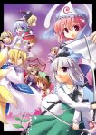  6+girls :d alice_margatroid blonde_hair chen dress dual_wielding female floating ghost hat hitodama holding holding_sword holding_weapon katana konpaku_youmu konpaku_youmu_(ghost) lily_white long_hair long_sleeves looking_at_viewer lunasa_prismriver lyrica_prismriver merlin_prismriver multiple_girls open_mouth perfect_cherry_blossom pillow_hat pink_hair saigyouji_yuyuko sheath short_hair short_sleeves silver_hair smile sword tabard toto_nemigi touhou unsheathed violet_eyes weapon white_dress yakumo_ran yakumo_yukari 