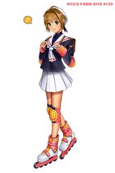  1girl 90s backpack bag bangs brown_hair card_captor_sakura child green_eyes hair_bobbles hair_ornament hat inline_skates kinomoto_sakura knee_pads looking_at_viewer musical_note randoseru roller_skates ryu_(ryu&#039;s_former_site) school_uniform serafuku short_hair skates smile spoken_musical_note 