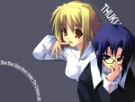  00s 2girls :d adjusting_glasses arcueid_brunestud blonde_hair ciel cross_print eyebrows eyebrows_visible_through_hair finger_to_mouth glasses grey_background long_hair looking_at_viewer multiple_girls open_mouth red_eyes simple_background smile sweater text tsukihime upper_body wallpaper 