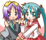  aqua_eyes aqua_hair blue_eyes cosplay costume_switch crossover detached_sleeves hair_ribbon hand_holding hatsune_miku hatsune_miku_(cosplay) hiiragi_tsukasa hiiragi_tsukasa_(cosplay) long_hair lucky_star microphone minami_(colorful_palette) necktie purple_hair ribbon school_uniform serafuku short_hair twintails vocaloid 