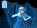  1girl angel artist_request blonde_hair blue blue_dress closed_eyes cross dress flower instrument smile solo source_request strapless strapless_dress violin window wings 
