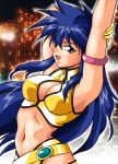  1girl 80s armlet arms_up blue_hair breasts cleavage cleavage_cutout cowboy_shot dirty_pair gloves large_breasts long_hair manabe_jouji navel oldschool open_mouth photo_background solo violet_eyes yellow_gloves yuri_(dirty_pair) 