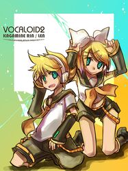  1boy 1girl aqua_eyes blonde_hair boots bow brother_and_sister cosmic_chicken detached_sleeves hair_bow headphones inuinui kagamine_len kagamine_rin kneeling midriff school_uniform serafuku short_hair shorts siblings smile twins vocaloid 