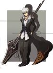  1boy grey_eyes grey_hair male_focus original polearm pos silver_hair solo spear weapon 