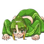  1girl all_fours barefoot crawling dd_(ijigendd) glasses green_eyes green_hair homeko homoo... os-tan ponytail pounce smile solo top-down_bottom-up track_suit xp_home-tan xphome 