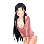  00s 1girl bare_shoulders black_hair blush breasts cleavage hosokawa_kanako light_smile long_hair lowres maria-sama_ga_miteru no_pants off_shoulder panties shirt_tug smile solo toshifumi underwear v_arms 