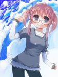  1girl ahoge arm_up blue_eyes collarbone contrapposto glasses long_sleeves looking_at_viewer original pants pink_hair semi-rimless_glasses short_hair solo under-rim_glasses 