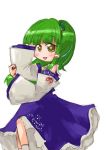  1girl arms_up chibi detached_sleeves female frog_hair_ornament green_hair hair_ornament kochiya_sanae long_hair no_nose simple_background smile solo star star-shaped_pupils symbol-shaped_pupils tao tao_(kadoya) touhou white_background 