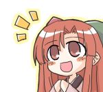  1girl 95-tan :d akaneya blush bow chibi green_bow hair_bow long_hair lowres open_mouth os-tan own_hands_together red_eyes redhead simple_background smile solo upper_body white_background 