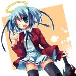  1girl blood blue_eyes blue_hair bokusatsu_tenshi_dokuro-chan club hair_ribbon kanabou mitsukai_dokuro panties pantyshot ribbon school_uniform solo suzushiro_kurumi thigh-highs underwear weapon zettai_ryouiki 