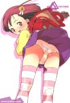  ass backpack bag bent_over io_takuya original panties pantyshot randoseru skirt striped striped_legwear thigh-highs underwear wind_lift 