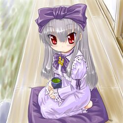  1girl 3.1-tan blush bow dd_(ijigendd) dress green_tea hair_bow long_hair looking_up os-tan pillow red_eyes ribbon seiza silver_hair sitting solo tea 