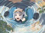  cable diving_mask elbow_gloves flippers from_above gloves grey_hair innertube itsutsu itsutsuboshi leaf looking_up original ripples silver_hair single_glove smile snorkel submerged swimsuit violet_eyes water wetsuit 