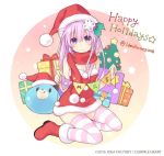  1girl box christmas christmas_tree gift gift_box gloves hat long_hair looking_at_viewer merry_christmas nepgear neptune_(series) official_art purple_hair red_gloves santa_costume santa_hat solo striped striped_legwear thigh-highs tsunako violet_eyes 