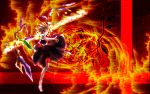 1girl blonde_hair crystal demon_wings dress female fire flame flandre_scarlet full_body looking_at_viewer magic red_dress red_eyes short_hair solo touhou wallpaper wings 