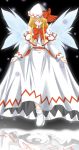  1girl blonde_hair bow bowtie capelet closed_eyes dress fairy fairy_wings female hat highres lily_white long_hair long_sleeves looking_at_viewer red_bow red_bowtie shoes sidelocks simple_background solo standing tate_eboshi touhou white_dress white_shoes white_wings wings 