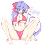  1girl barefoot bikini blue_eyes blue_hair blush breasts cleavage ersis feet huge_breasts long_hair mel/a nail_polish navel original pink_nails plump ponytail solo spread_legs swimsuit under_boob very_long_hair 