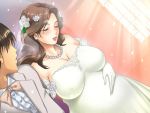  1boy 1girl breasts bridal_veil bride dress game_cg gloves huge_breasts impossible_clothes impossible_shirt jpeg_artifacts linda pregnant satisfaction_kindan-no-renkou- shirt source_request veil wedding_dress 