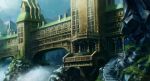  architecture background bridge building kome landscape no_humans original scenery stairs tower water waterfall 