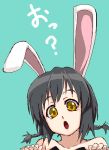  1girl :o animal_ears bare_shoulders black_hair braid collarbone green_background looking_at_viewer niwa_zen open_mouth original rabbit_ears short_hair simple_background solo surprised twin_braids yellow_eyes 