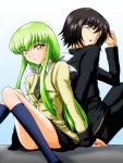  black_hair c.c. code_geass green_hair lelouch_lamperouge long_hair school_uniform serafuku sitting tanan violet_eyes yellow_eyes 