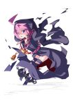  1girl :o atlus bell blue_eyes chains cloak curse_maker full_body hood hooded_cloak kinakomochi long_sleeves looking_at_viewer ooyama_kina open_mouth pink_hair sekaiju_no_meikyuu shaded_face simple_background solo thigh_strap violet_eyes white_background 