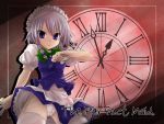  1girl braid clock female izayoi_sakuya kazami_ruku panties roman_numerals short_hair silver_hair solo thigh-highs touhou twin_braids underwear wallpaper 