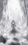  1girl female flx front_ponytail grey hair_ribbon kagiyama_hina long_hair monochrome no_eyes no_mouth no_nose outstretched_arms ribbon solo spread_arms touhou water waterfall 
