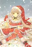  00s 1girl :o bell belt blonde_hair boots brown_eyes capelet chii chobits choker christmas clamp confetti fur_trim gloves hat holly long_hair looking_at_viewer pom_pom_(clothes) red_boots red_gloves red_legwear ribbon robot_ears santa_boots santa_costume santa_hat snow snowing solo thigh-highs yellow_eyes 