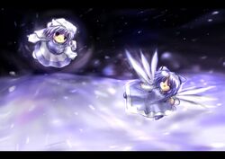  2girls :d ^_^ blue_hair cirno closed_eyes female hat kouba letty_whiterock multiple_girls open_mouth perfect_cherry_blossom purple_hair short_hair smile snow snowing touhou wings 