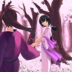  1boy 1girl black_hair cherry_blossoms forest hair_between_eyes hand_holding hand_on_own_chest head_tilt himura_kenshin japanese_clothes long_hair long_sleeves nature outdoors petals piyodera_mucha rurouni_kenshin sash scarf standing tree wide_sleeves yukishiro_tomoe 