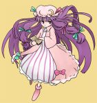  1girl ankle_boots bangs blunt_bangs book boots bow crescent dress female hat holding holding_book itsukage jitome long_hair looking_at_viewer mob_cap open_book patchouli_knowledge pink_bow purple_hair robe simple_background solo striped striped_dress touhou vertical_stripes very_long_hair violet_eyes yellow_background 