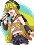  1girl aqua_background belt blonde_hair cosplay curly_hair fang hat johnny_funamushi kagamine_rin kagamine_rin_(cosplay) long_hair marivel_armitage microphone midriff music parody pink_eyes pointy_ears singing solo vampire vocaloid wild_arms wild_arms_2 
