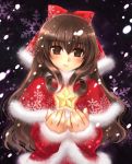  1girl belcana_raizanarza brown_eyes brown_hair christmas hair_ribbon kawaku long_hair original ribbon santa_costume shin_sword_word_rpg_replay_next smile snow snowing solo star sword_world 