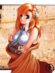  1girl banpresto bare_shoulders blue_eyes breasts cliana_rimskaya hisahiko large_breasts necktie orange_hair solo super_robot_wars super_robot_wars_destiny 