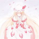  1girl blonde_hair blush capelet danmaku dress female hand_on_own_chest hat hat_ribbon light_smile lily_white long_hair lowres outstretched_hand petals ribbon solo touhou 