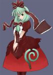  1girl blush bow cowboy_shot dress female frills front_ponytail green_eyes green_hair hair_bow itsukage kagiyama_hina long_hair looking_at_viewer own_hands_together pantyhose red_bow red_dress red_legwear shawl solo standing touhou v_arms wrist_cuffs 