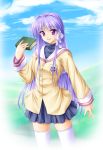  book clannad fujibayashi_kyou highres long_hair purple_hair school_uniform serafuku skirt tenmaso thigh-highs violet_eyes zettai_ryouiki 