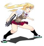  00s 1girl bangs blonde_hair brown_eyes bullpup gun long_hair p90 panties pantyshot puffy_short_sleeves sawachika_eri school_rumble school_uniform simple_background socks solo submachine_gun twintails underwear uwabaki weapon white_background white_panties 