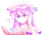  1girl bespectacled book bow crescent female glasses hair_bow hat lowres mob_cap patchouli_knowledge purple_hair reading solo touhou upper_body white_background 