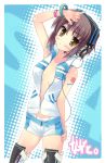  1girl ayase_hikaru blush nagato_yuki open_clothes open_shirt shirt shorts solo suzumiya_haruhi_no_yuuutsu 