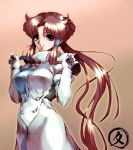  1girl bangs banpresto breasts brown_eyes brown_hair buttons clenched_hands dress elbow_gloves floating_hair gem gloves gradient gradient_background grin hair_bun hair_tubes hisahiko large_breasts long_hair looking_at_viewer minaki_tomine parted_bangs ponytail shiny shiny_hair sidelocks smile solo standing super_robot_wars turtleneck very_long_hair violet_eyes 