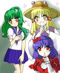  3girls alternate_costume female hair_ornament hat kochiya_sanae leaf_hair_ornament moriya_suwako multiple_girls oekaki pyonta school_uniform serafuku touhou yasaka_kanako 