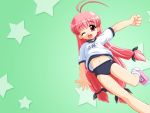  1girl ahoge bosshi buruma green_background gym_uniform highres long_hair low-tied_long_hair magical_antique pink_hair red_eyes shoes sneakers sphie tied_hair tri_tails 