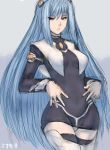  1girl android blue_hair cosplay fumio_(rsqkr) kos-mos long_hair m.o.m.o. m.o.m.o._(cosplay) red_eyes solo thigh-highs xenosaga 