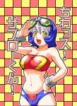  1girl armpits bandeau blue_hair blush bracelet breasts curvy goggles hips huge_breasts jewelry kotona kouda_tomohiro large_breasts multicolored_hair original salute short_hair silver_hair solo strapless translation_request tubetop under_boob wide_hips yellow_eyes 