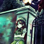  1girl against_wall braid chinese_clothes crossed_arms female gate hat hong_meiling lantern long_hair looking_afar night redhead ribbon solo takishima_asaka the_embodiment_of_scarlet_devil touhou twin_braids 