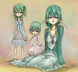  3girls costume dress gardevoir green_hair kirlia lips multiple_girls nintendo personification pointy_ears pokemon ralts realistic red_eyes skinny 